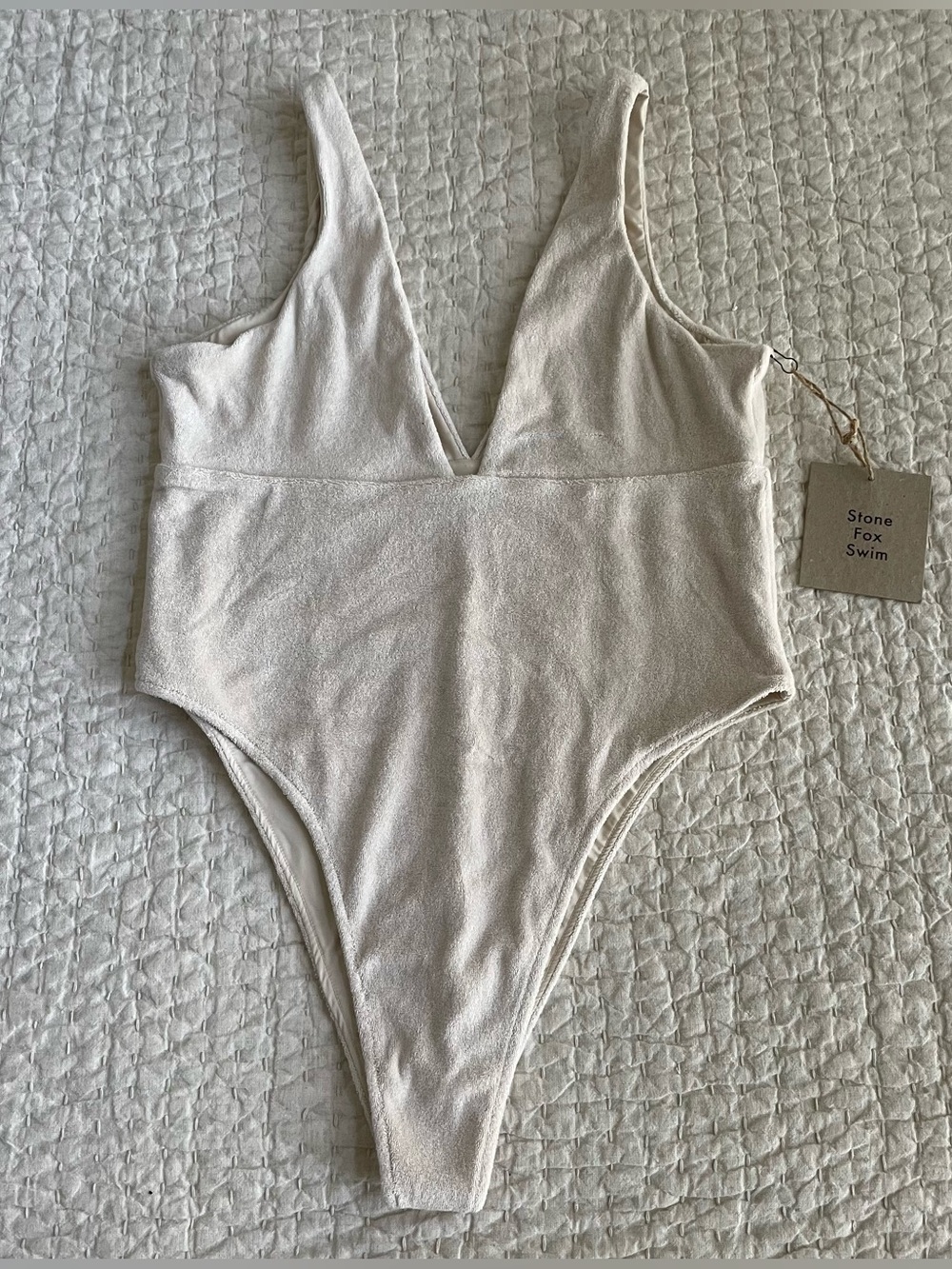 NEW Stone Fox Swim Cream Terrycloth V-Plunge One-Piece Swimsuit